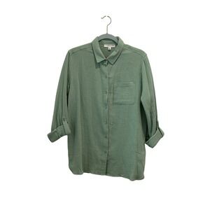 Anne Klein Jeans Sage Green Double Gauze Button Down Shirt Roll Tab Sleeve Med